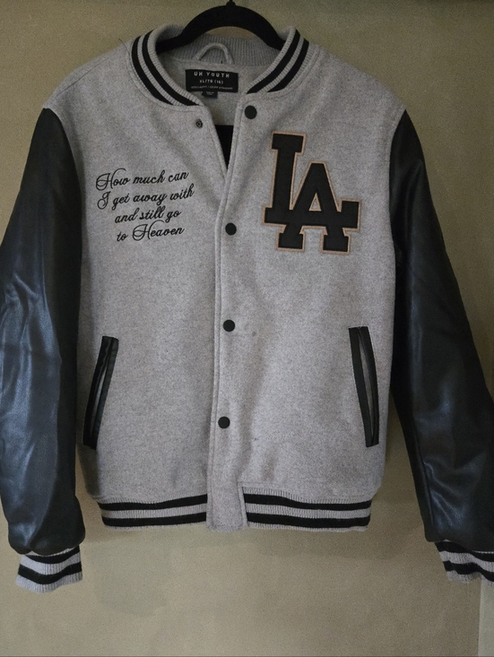 Urban Heritage Other - Grey Wool & Black Leather Sleeve Varsity Jacket with LA Patch, Youth Size XL, 16
